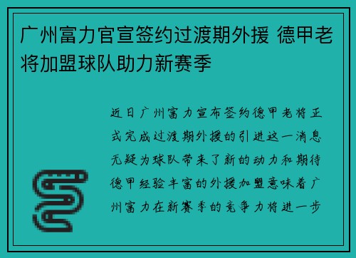 广州富力官宣签约过渡期外援 德甲老将加盟球队助力新赛季