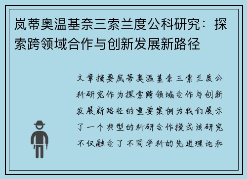 岚蒂奥温基奈三索兰度公科研究：探索跨领域合作与创新发展新路径