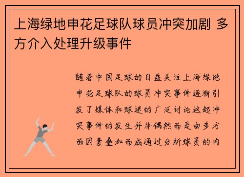 上海绿地申花足球队球员冲突加剧 多方介入处理升级事件