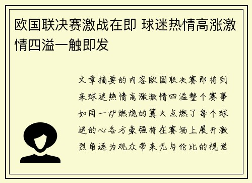 欧国联决赛激战在即 球迷热情高涨激情四溢一触即发