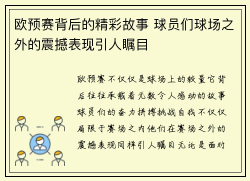 欧预赛背后的精彩故事 球员们球场之外的震撼表现引人瞩目
