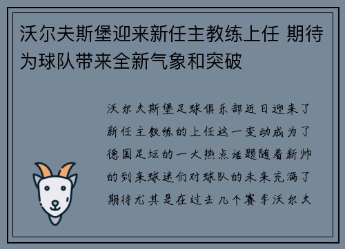 沃尔夫斯堡迎来新任主教练上任 期待为球队带来全新气象和突破