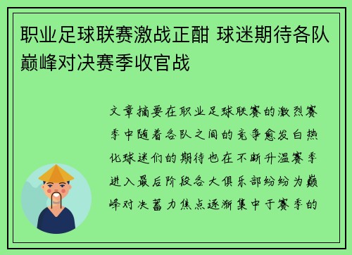职业足球联赛激战正酣 球迷期待各队巅峰对决赛季收官战