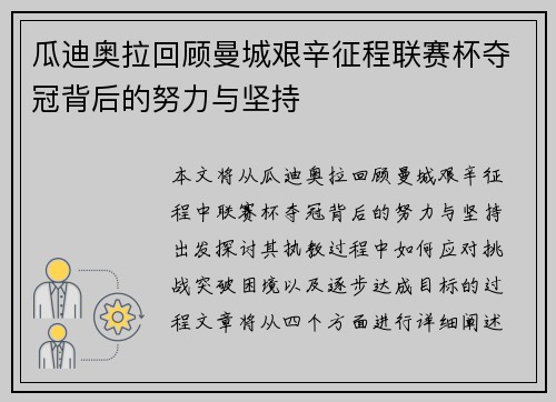 瓜迪奥拉回顾曼城艰辛征程联赛杯夺冠背后的努力与坚持