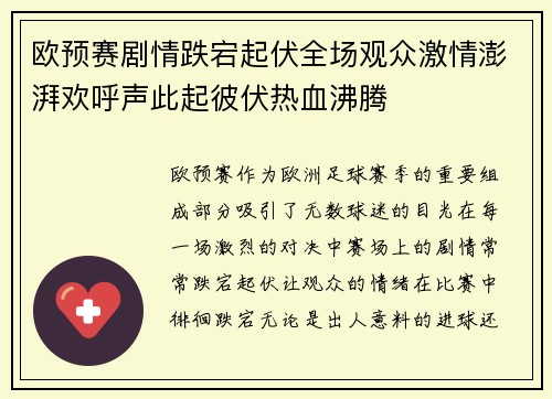 欧预赛剧情跌宕起伏全场观众激情澎湃欢呼声此起彼伏热血沸腾